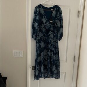 NEW DKNY Navy Floral Midi Wrap Dress with Slate Blue Blooms